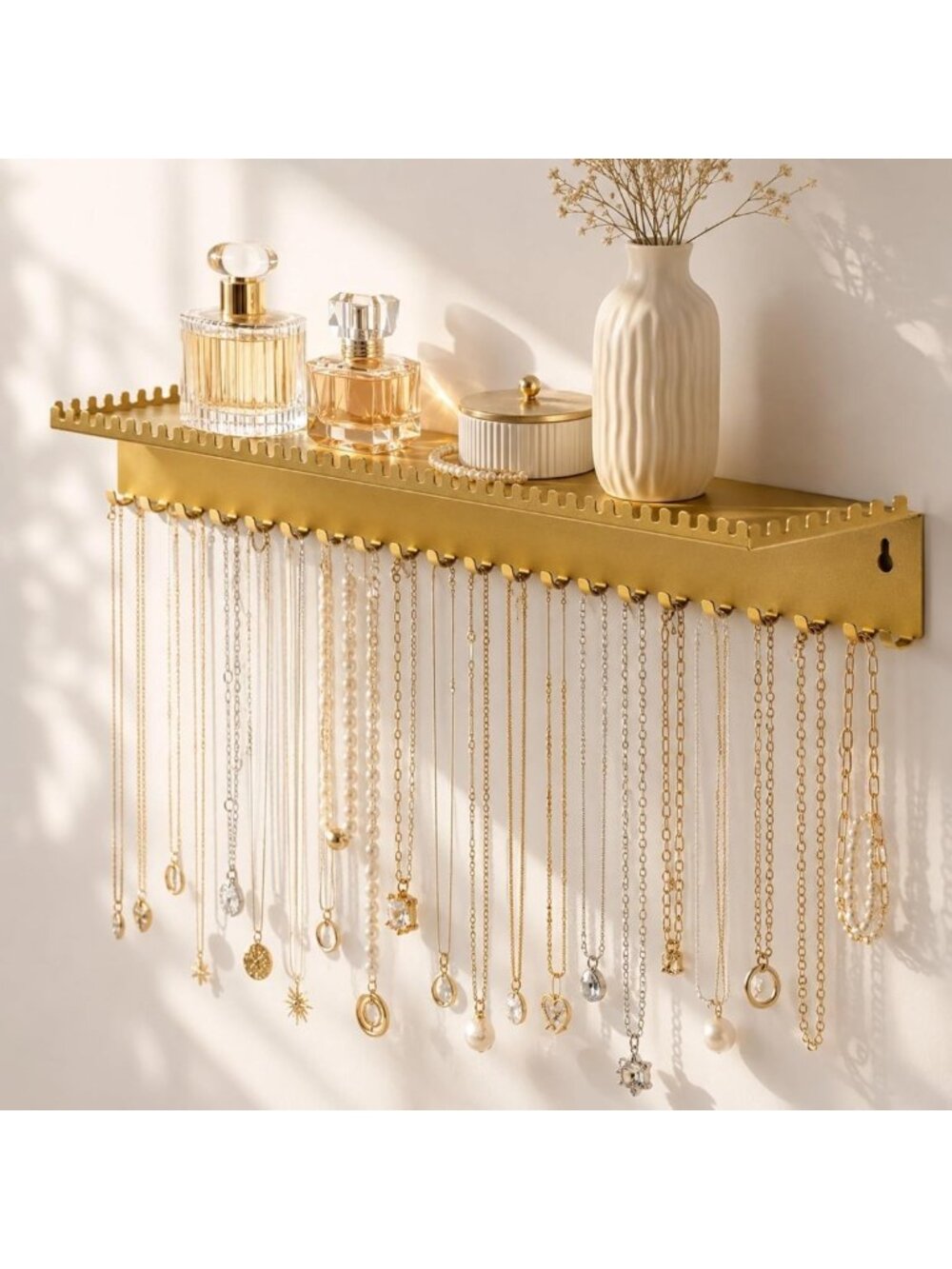 Gold Wall Mounted Necklace Holder & Jewelry Organizer with Shelf - Stylish